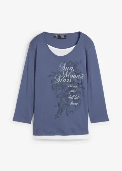 bonprix Shirts & Tops^2 in 1 Baumwoll-Shirt, 3/4-Arm indigo bedruckt