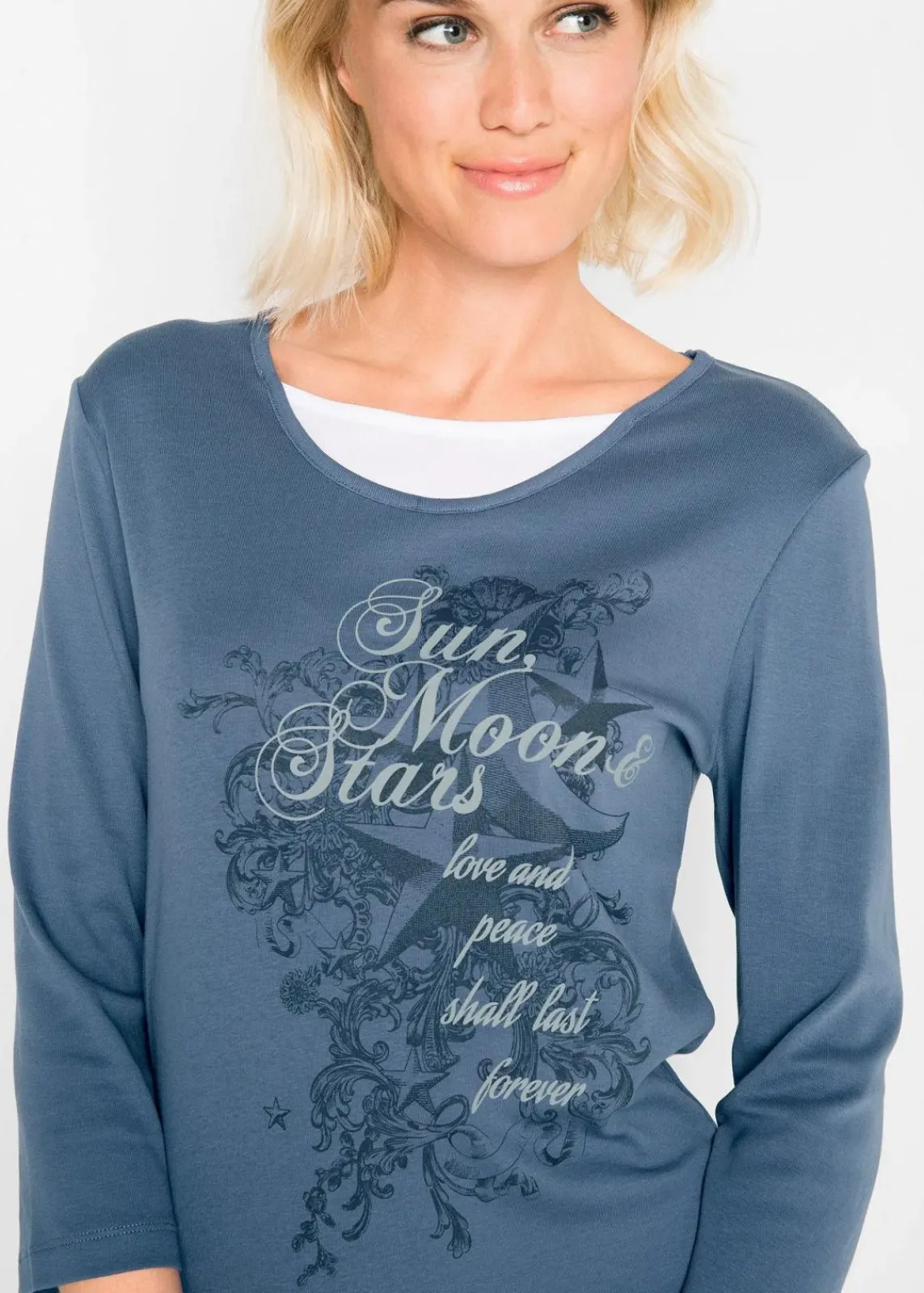 bonprix Shirts & Tops^2 in 1 Baumwoll-Shirt, 3/4-Arm indigo bedruckt
