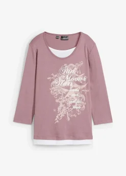bonprix Shirts & Tops^2 in 1 Baumwoll-Shirt, 3/4-Arm mattviolett bedruckt