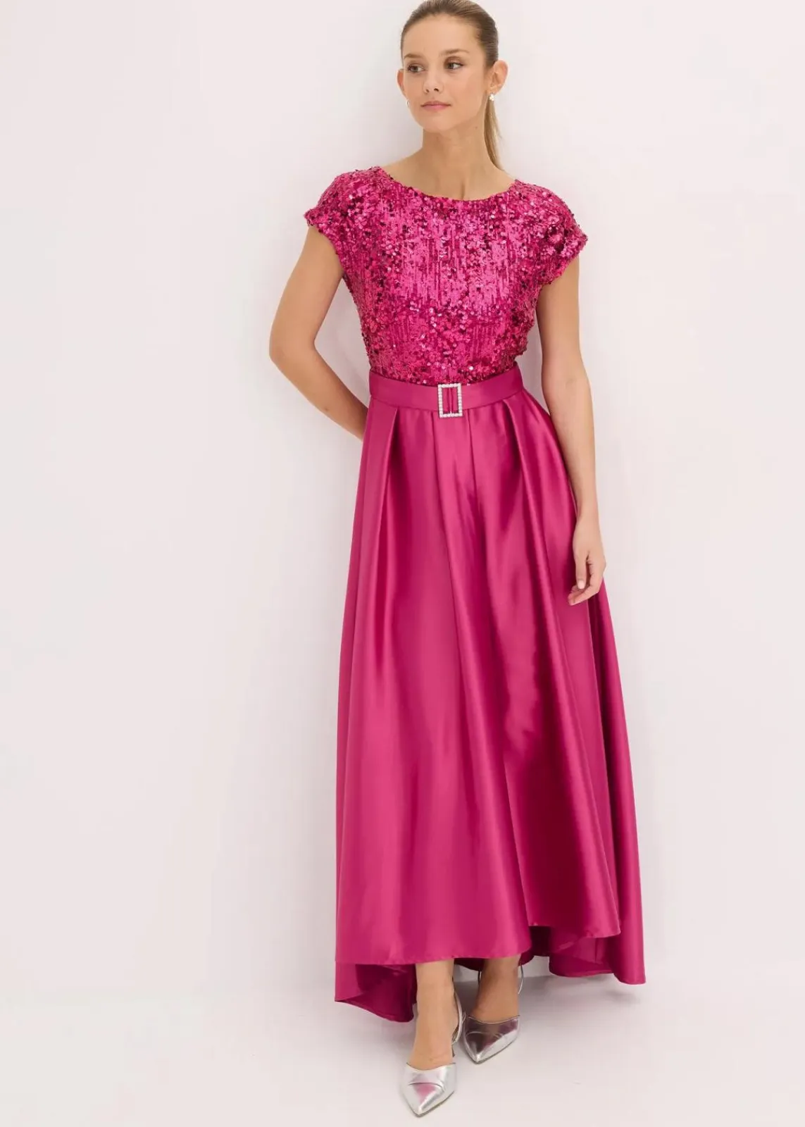 bonprix Festliche Mode|Kleider^Abendkleid aus glänzendem Satin mit Pailletten fuchsiapink