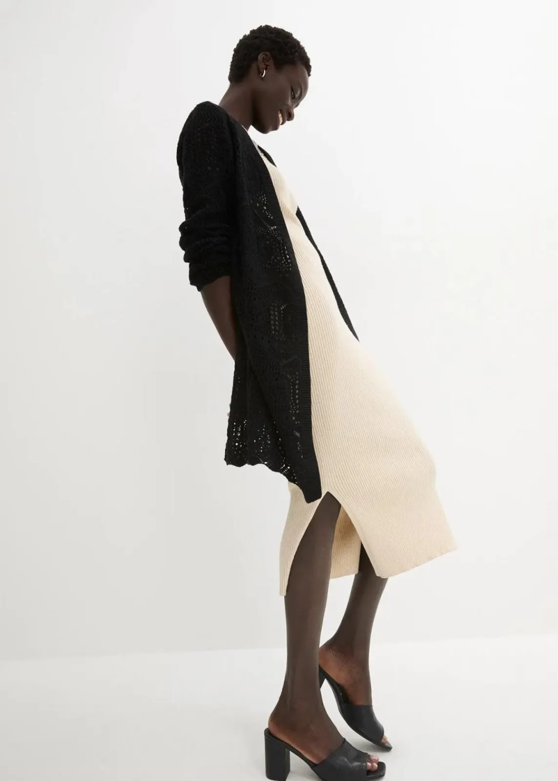 bonprix Pullover & Strickjacken|Bekleidung·Jeans^Ajour Longstrickjacke schwarz