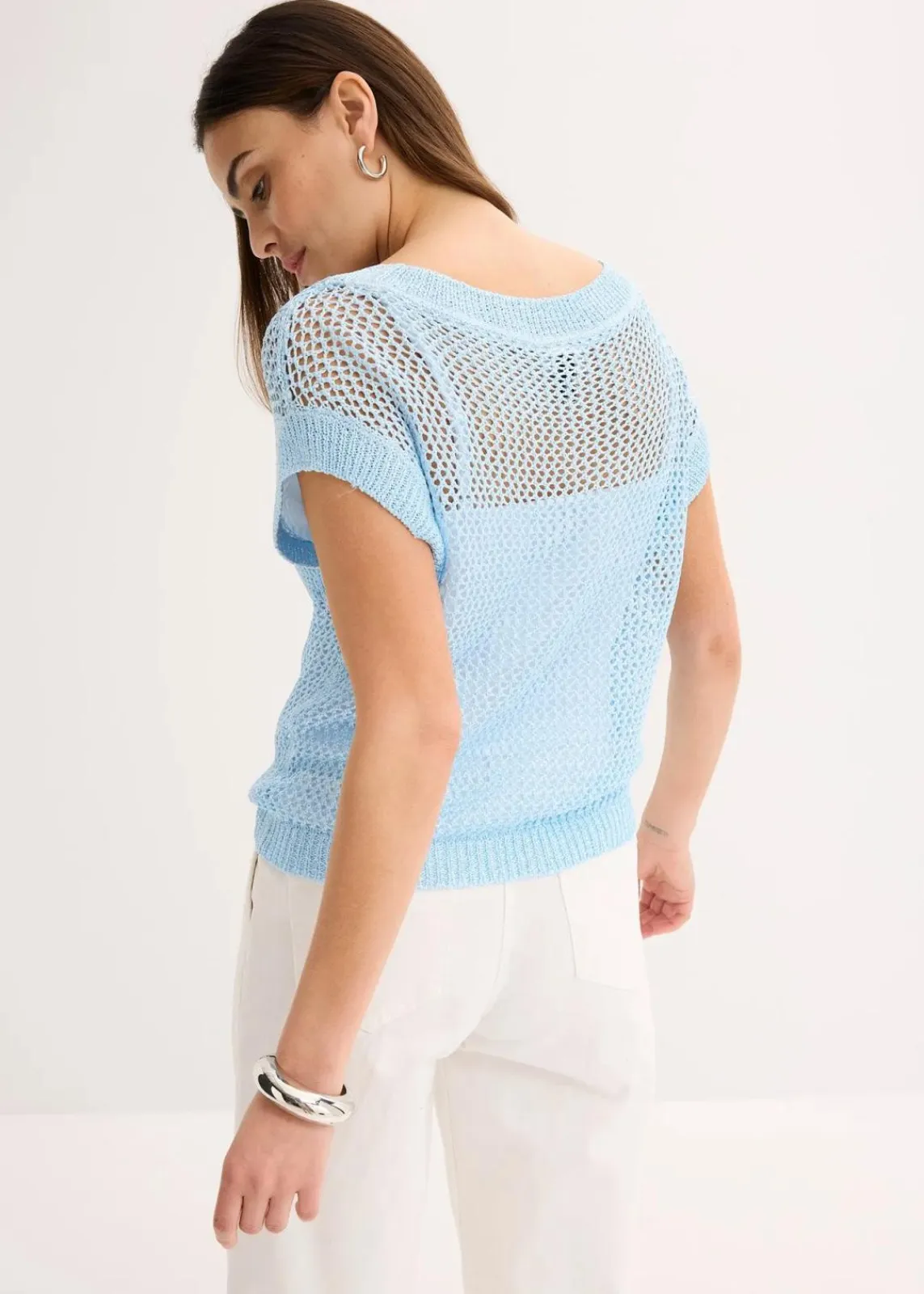 bonprix Bekleidung·Umstandsmode|Bekleidung·Jeans^Ajour Pullover aus glänzendem Bändchengarn puderblau