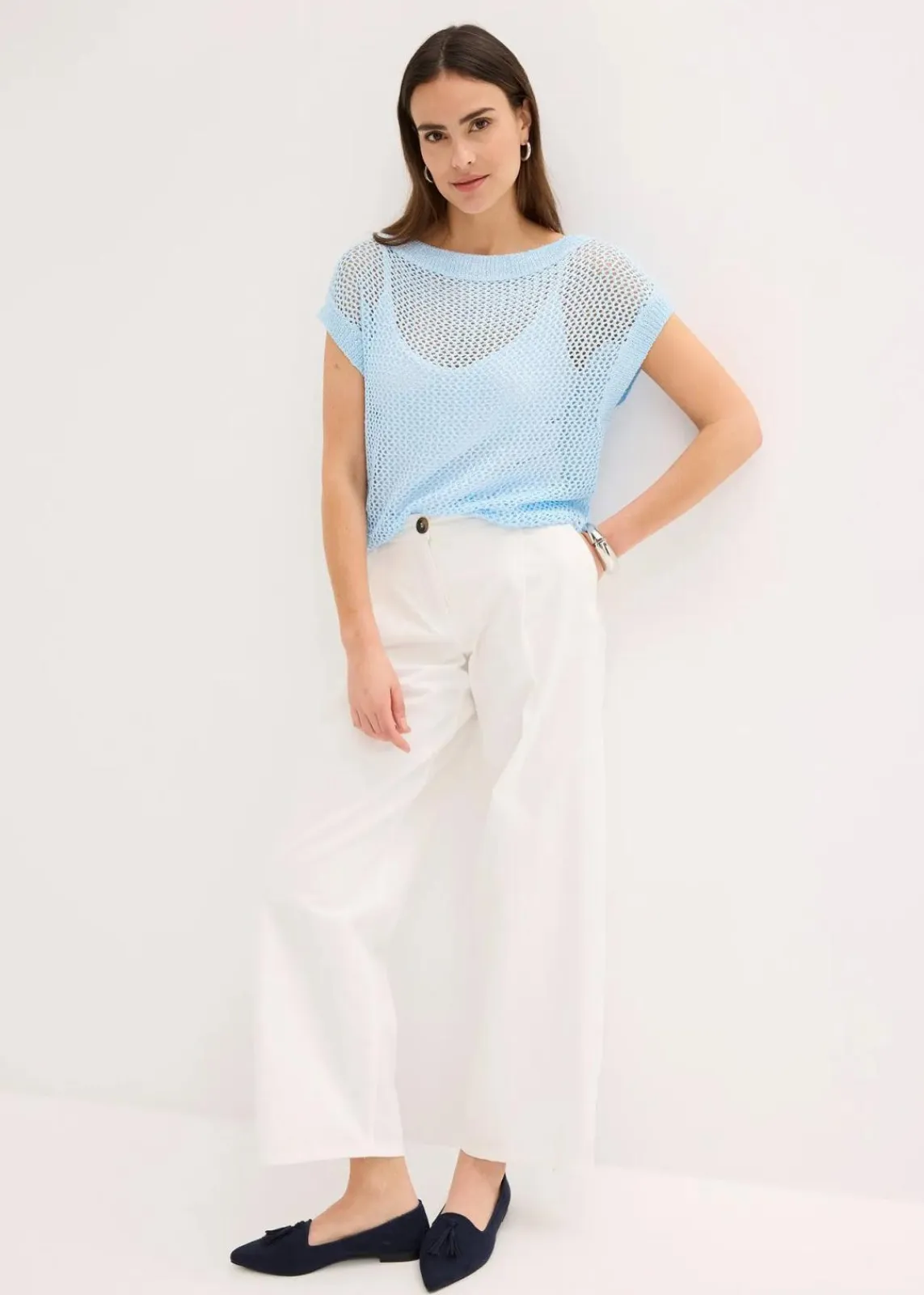 bonprix Bekleidung·Umstandsmode|Bekleidung·Jeans^Ajour Pullover aus glänzendem Bändchengarn puderblau