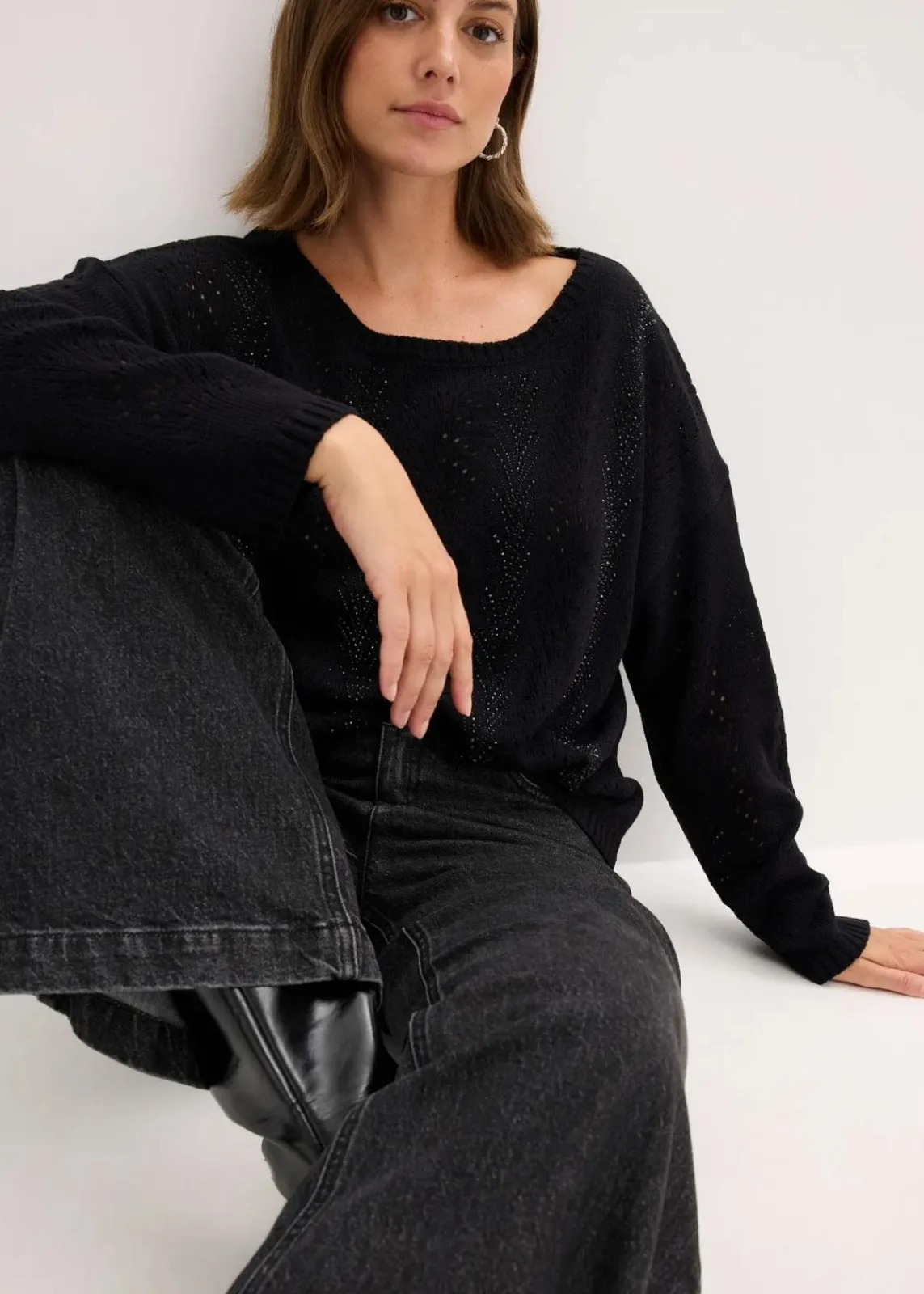 bonprix Bekleidung·Umstandsmode|Bekleidung·Jeans^Ajour-Pullover schwarz