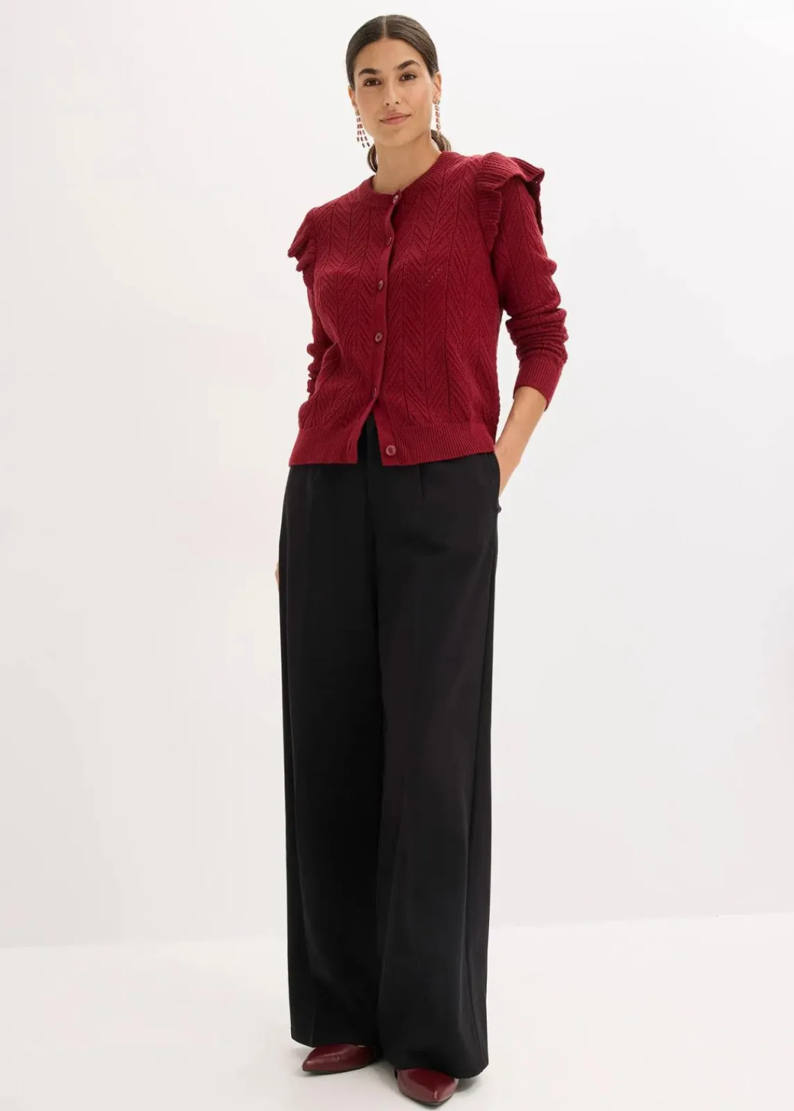 bonprix Pullover & Strickjacken|Strickmode^Ajour-Strickjacke aus Baumwolle pflaumenrot