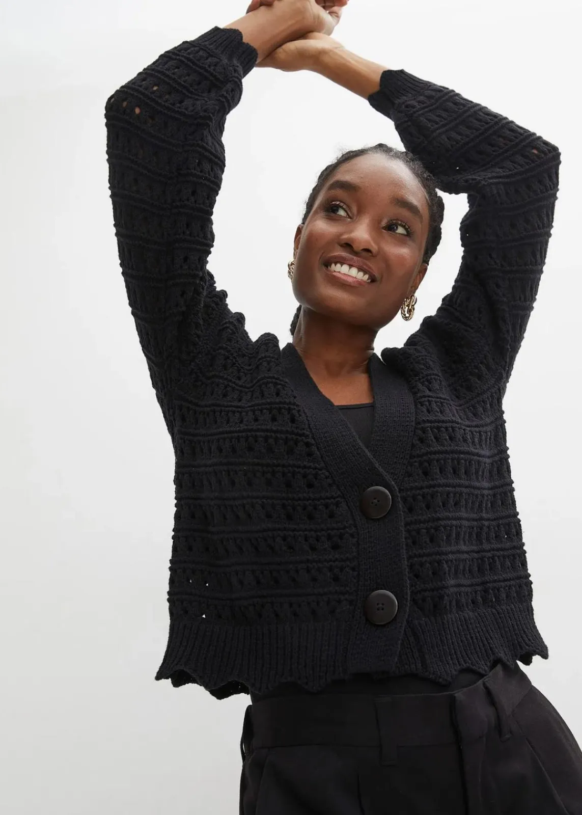 bonprix Pullover & Strickjacken|Strickmode^Ajour-Strickjacke aus reiner Baumwolle schwarz