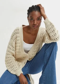bonprix Strickmode|Pullover & Strickjacken^Ajour-Strickjacke aus reiner Baumwolle kieselbeige