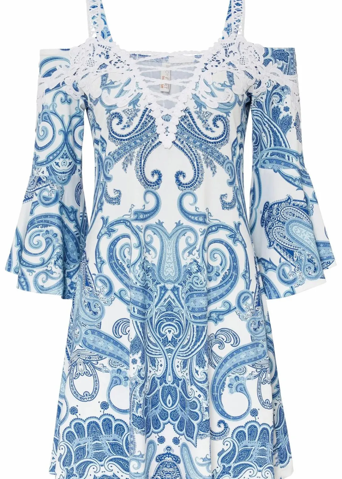 bonprix Kleider^Ausgestelltes Carmen-Kleid weiss / blau bedruckt