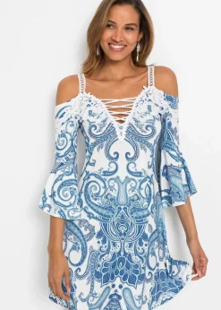 bonprix Kleider^Ausgestelltes Carmen-Kleid weiss / blau bedruckt
