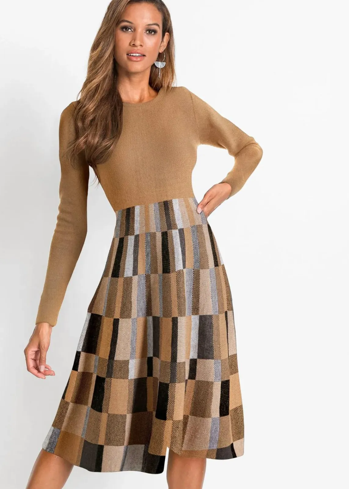 bonprix Bekleidung·Umstandsmode|Strickmode^Ausgestelltes Jacquard-Strickkleid camel/braun kariert