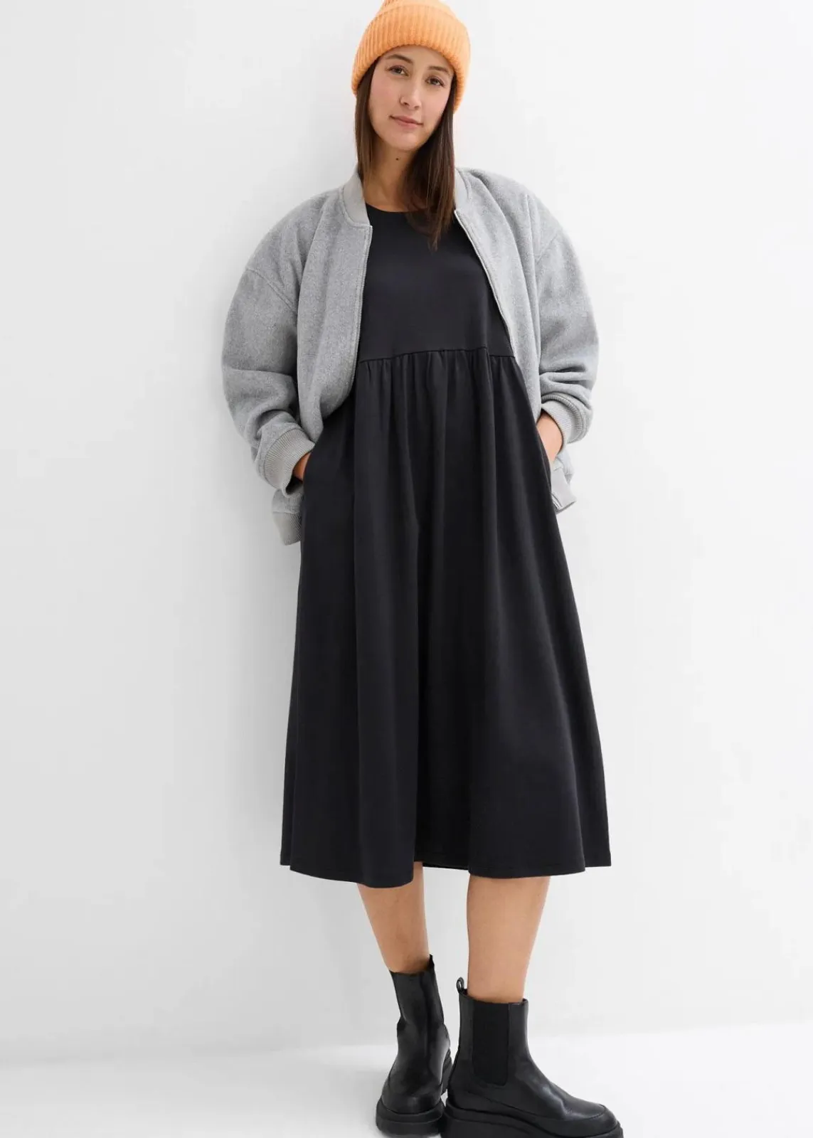 bonprix Bekleidung·Pullover & Strickjacken|Kleider^Ausgestelltes Jerseykleid aus schwerer Baumwolle schwarz