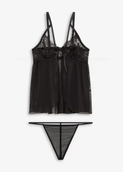 bonprix Große Cups D-H|Nachtwäsche^Babydoll + String (2-tlg.Set) schwarz