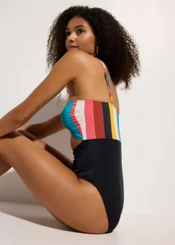bonprix Nachhaltigere Materialien|Badeanzüge^Badeanzug mit Cut-Out schwarz/bunt gestreift