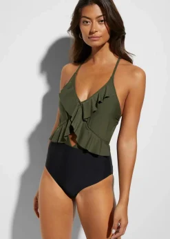 bonprix Nachhaltigere Materialien|Badeanzüge^Badeanzug mit Cut-Out und Volants khaki / schwarz