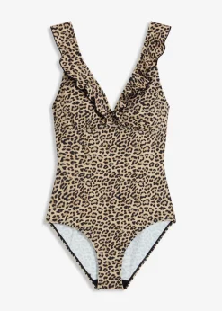 bonprix Nachhaltigere Materialien|Badeanzüge^Badeanzug mit Volants beige leo bedruckt