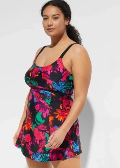 bonprix Nachhaltigere Materialien|Bedeckende Bademode^Badekleid mit Rundhalsausschnitt schwarz bedruckt