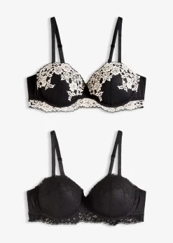 bonprix Wäsche·Dessous|Wäsche·Große Cups D-H^Balconette-BH aus zweifarbiger Spitze (2er Pack) schwarz/wollweiß + schwarz