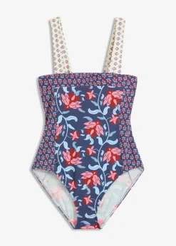 bonprix Nachhaltigere Materialien|Nachhaltigere Materialien^Bandeau-Badeanzug mit breiten Trägern blau/rosa bedruckt