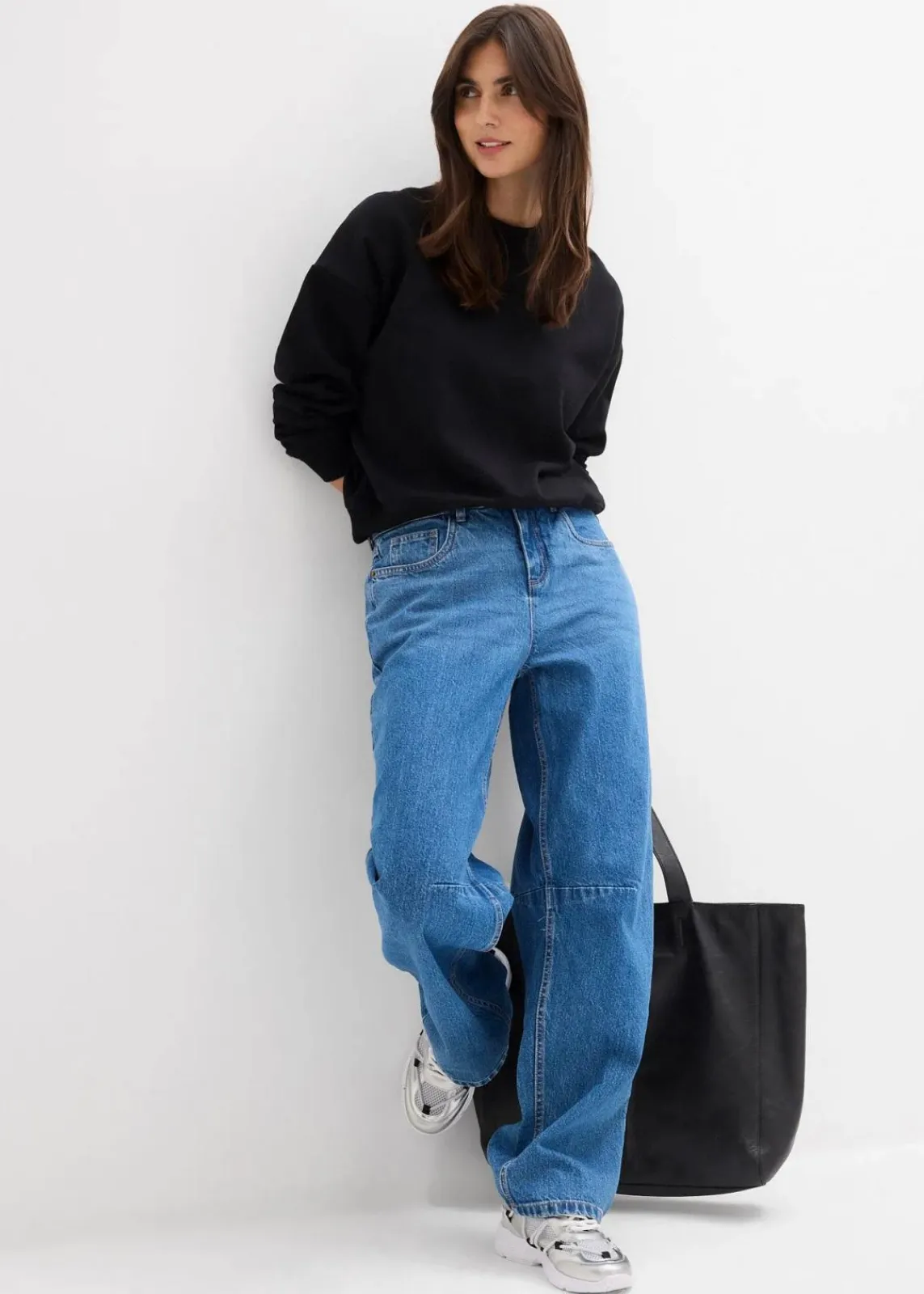 bonprix Bekleidung·Shirts & Tops|Jeans^Barrel-Jeans Mid Waist mittelblau denim used