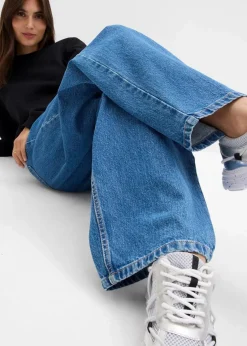 bonprix Bekleidung·Shirts & Tops|Jeans^Barrel-Jeans Mid Waist mittelblau denim used