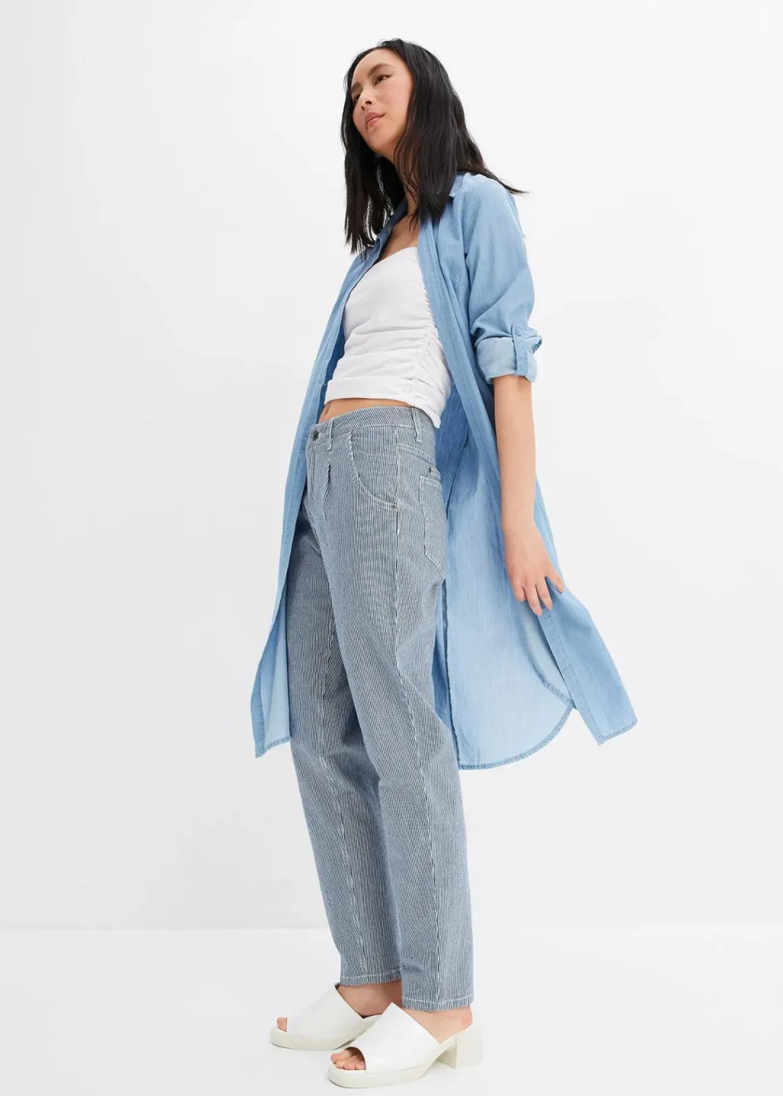 bonprix Bekleidung·Shirts & Tops|Jeans^Barrel-Jeans, Mid Waist, gestreift blau denim/weiß denim gestreift