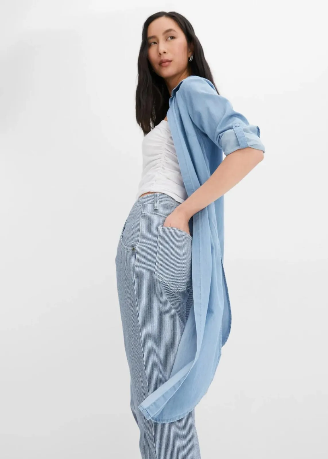 bonprix Bekleidung·Shirts & Tops|Jeans^Barrel-Jeans, Mid Waist, gestreift blau denim/weiß denim gestreift