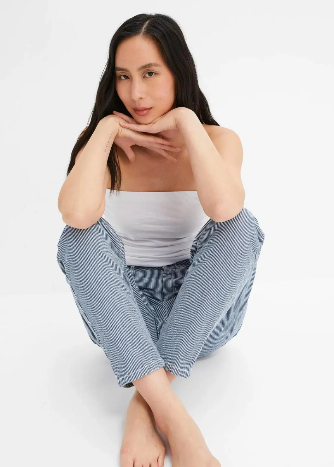 bonprix Bekleidung·Shirts & Tops|Jeans^Barrel-Jeans, Mid Waist, gestreift blau denim/weiß denim gestreift