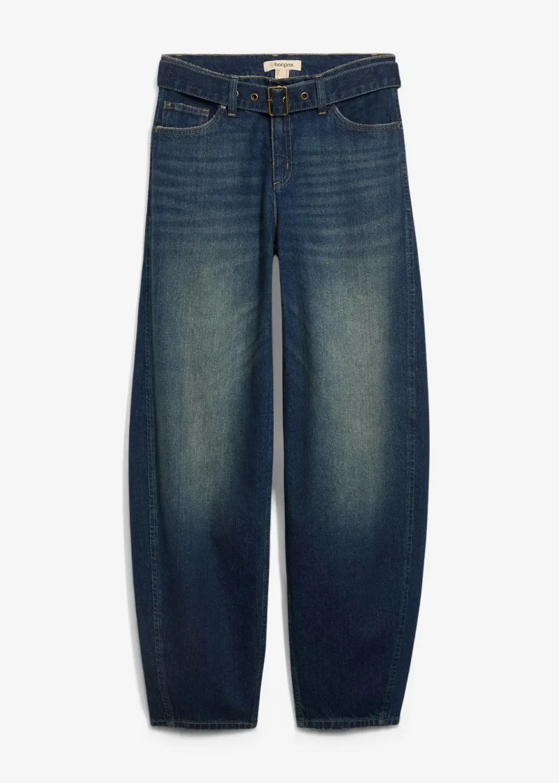 bonprix Jeans|Kurzgrößen^Barrel-Jeans Mid Waist mit Gürtel dunkelblau denim used