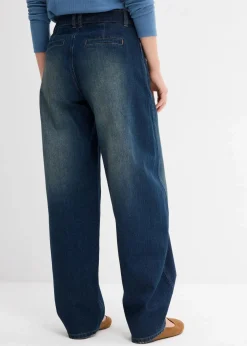 bonprix Jeans|Kurzgrößen^Barrel-Jeans Mid Waist mit Gürtel dunkelblau denim used
