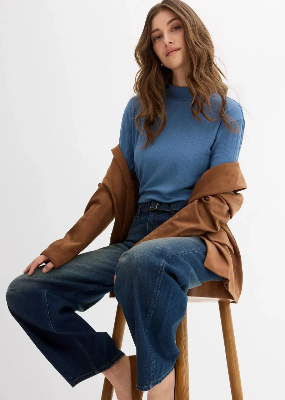 bonprix Jeans|Kurzgrößen^Barrel-Jeans Mid Waist mit Gürtel dunkelblau denim used