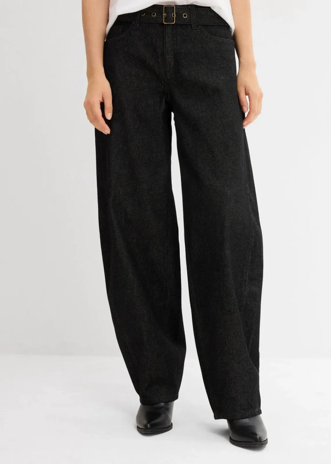 bonprix Kurzgrößen|Bekleidung·Shirts & Tops^Barrel-Jeans Mid Waist mit Gürtel dunkelgrau denim