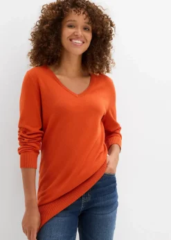 bonprix Bekleidung·Röcke|Bekleidung·Jeans^Basic Longpullover mit V-Ausschnitt lavaorange