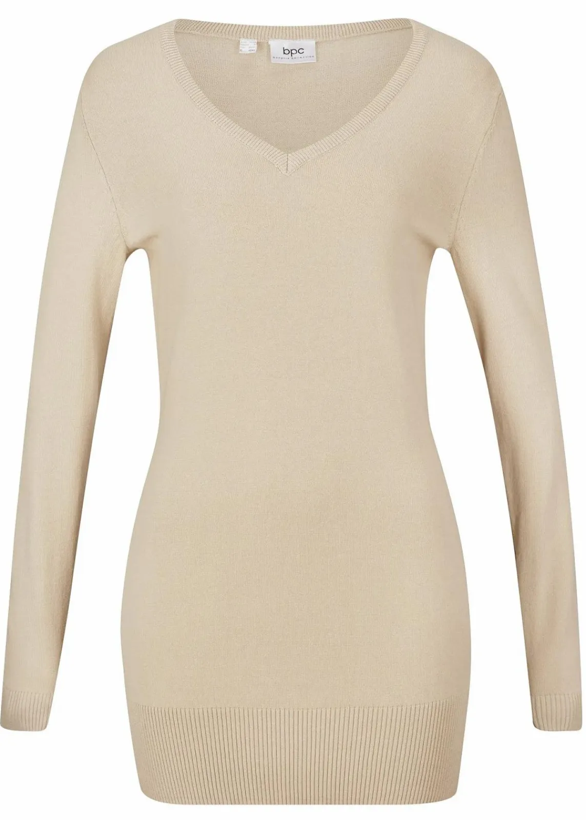 bonprix Strickmode|Pullover & Strickjacken^Basic Longpullover mit V-Ausschnitt hellsand