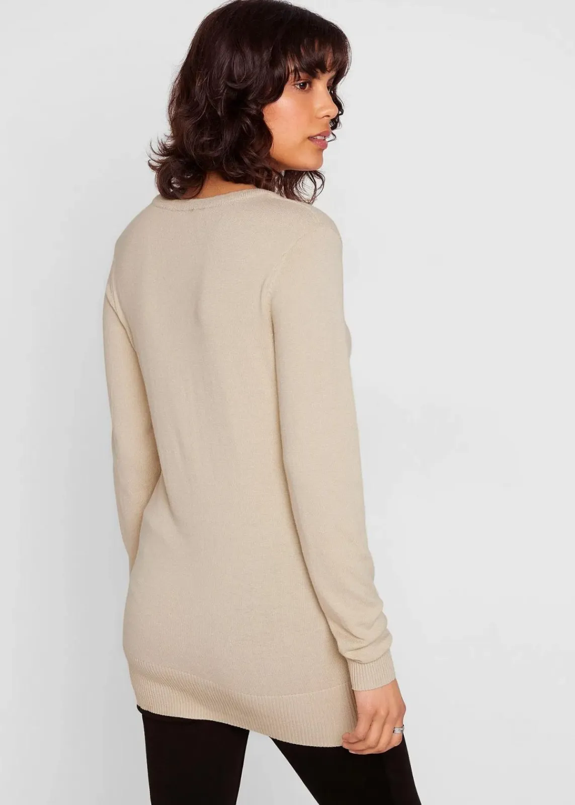 bonprix Strickmode|Pullover & Strickjacken^Basic Longpullover mit V-Ausschnitt hellsand