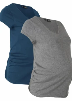 bonprix Nachhaltigere Materialien|Umstandsmode^Basic Umstandsshirts aus Bio-Baumwolle, (2er-Pack)​ dunkelblau+grau meliert