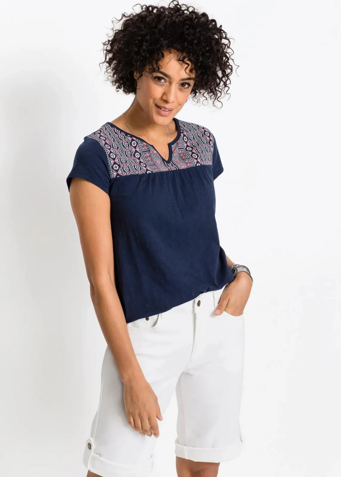 bonprix Shirts & Tops^Baumwoll Shirt in A-Form, bedruckt, Kurzarm dunkelblau