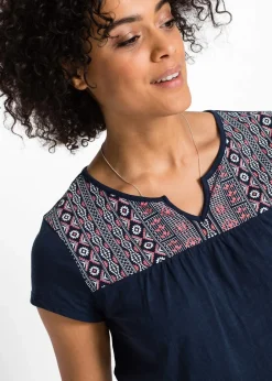 bonprix Shirts & Tops^Baumwoll Shirt in A-Form, bedruckt, Kurzarm dunkelblau