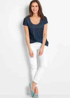 bonprix Nachhaltigere Materialien|Shirts & Tops^Baumwoll Shirt mit Spitze, Kurzarm dunkelblau
