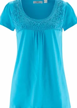 bonprix Shirts & Tops|Nachhaltigere Materialien^Baumwoll Shirt mit Spitze, Kurzarm karibikblau
