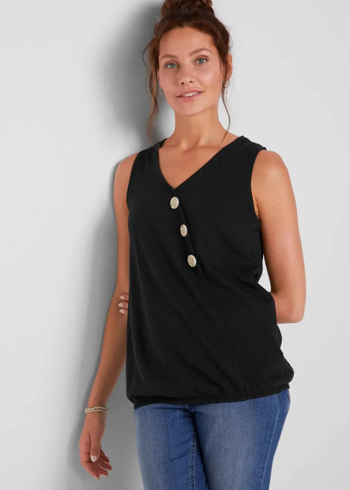 bonprix Nachhaltigere Materialien|Shirts & Tops^Baumwoll Top in Wickeloptik mit Gummibund schwarz
