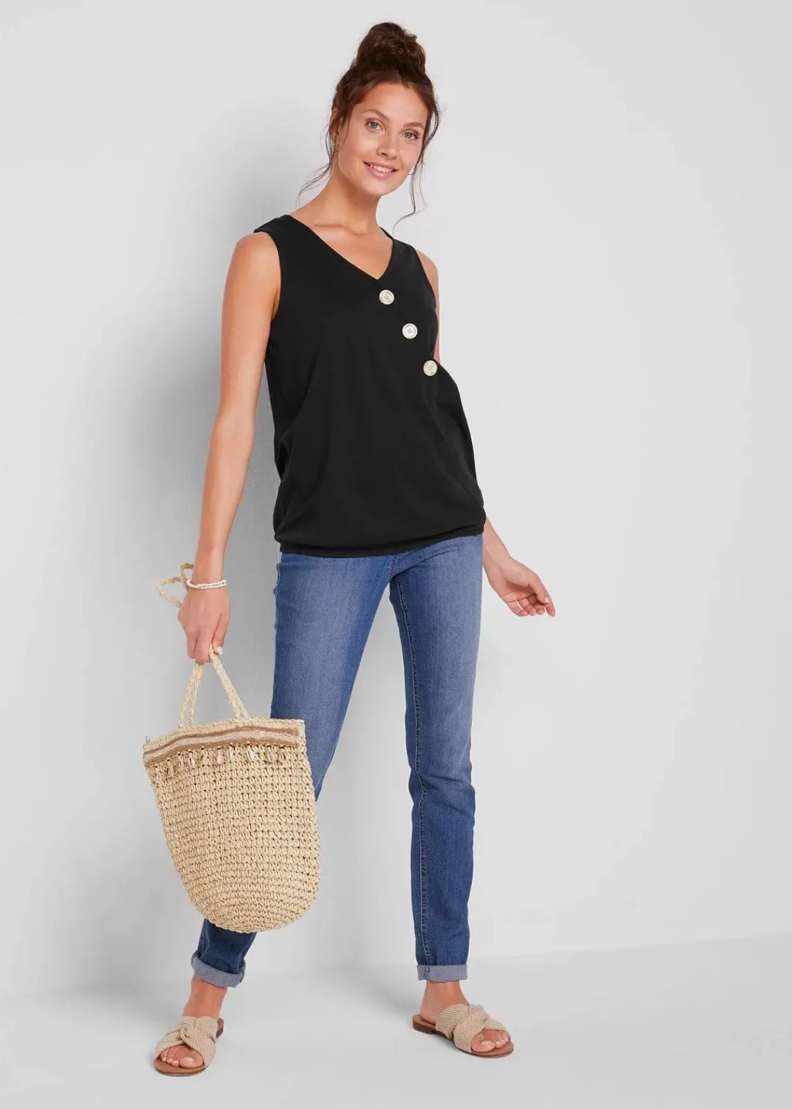 bonprix Nachhaltigere Materialien|Shirts & Tops^Baumwoll Top in Wickeloptik mit Gummibund schwarz