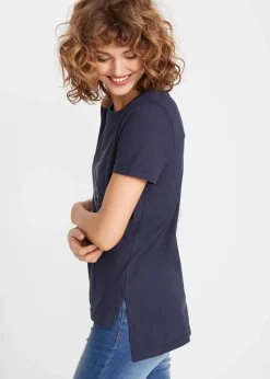 bonprix Nachhaltigere Materialien|Shirts & Tops^Baumwoll T-Shirt mit Seitenschlitz und Druck dunkelblau bedruckt