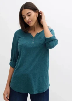 bonprix Shirts & Tops^Baumwoll-Henleyshirt mit Knopfleiste pfeffergrün meliert