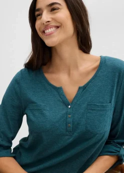 bonprix Shirts & Tops^Baumwoll-Henleyshirt mit Knopfleiste pfeffergrün meliert