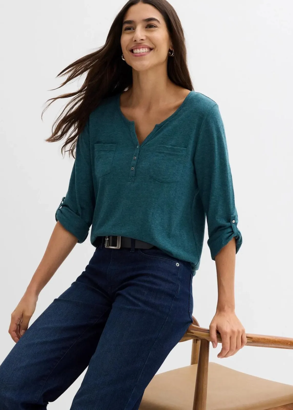 bonprix Shirts & Tops^Baumwoll-Henleyshirt mit Knopfleiste pfeffergrün meliert