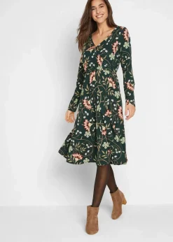 bonprix Bekleidung·Pullover & Strickjacken|Kleider^Baumwoll-Jerseykleid in Wickeloptik tiefgrün geblümt