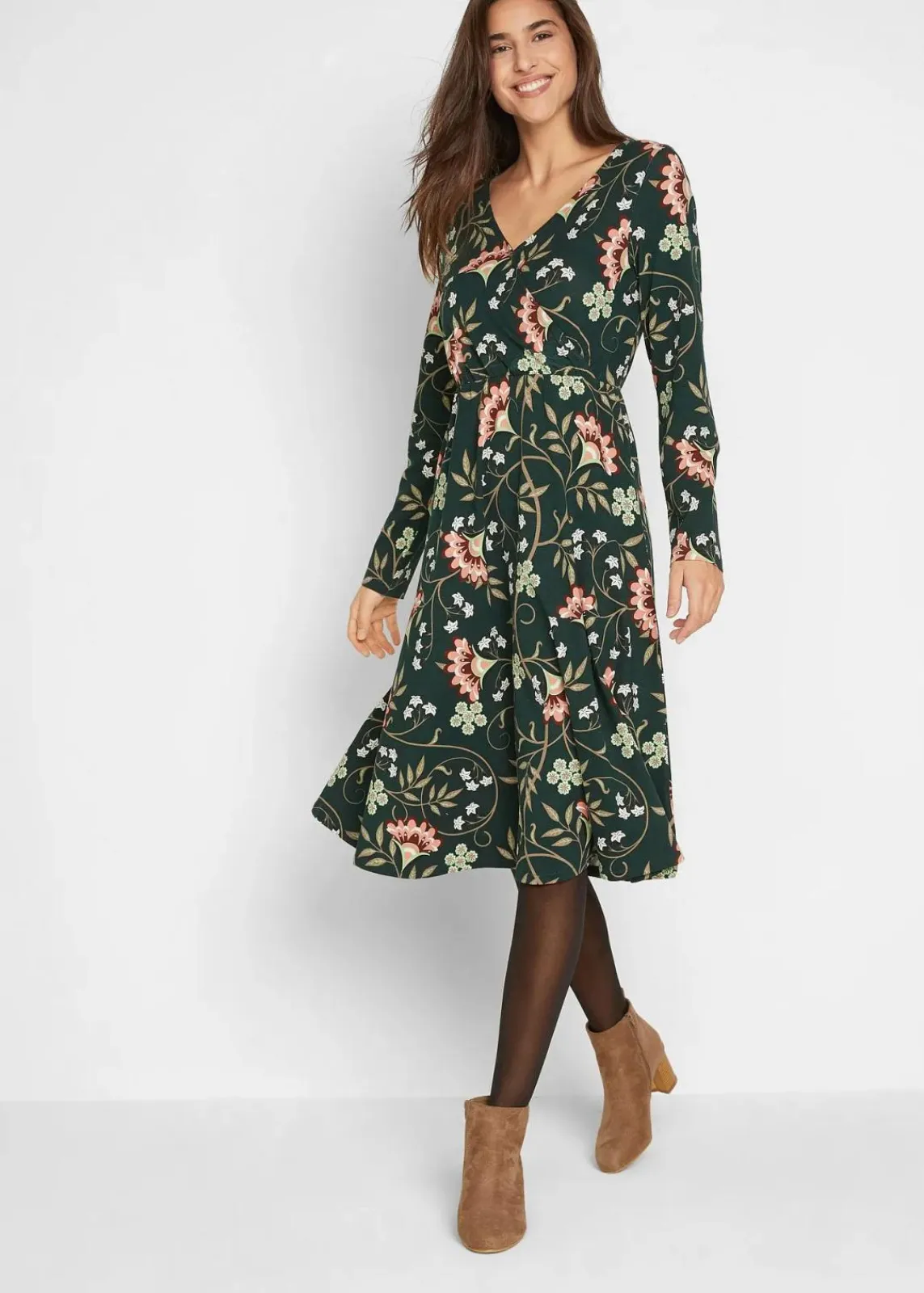bonprix Bekleidung·Pullover & Strickjacken|Kleider^Baumwoll-Jerseykleid in Wickeloptik tiefgrün geblümt