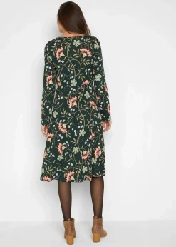 bonprix Bekleidung·Pullover & Strickjacken|Kleider^Baumwoll-Jerseykleid in Wickeloptik tiefgrün geblümt