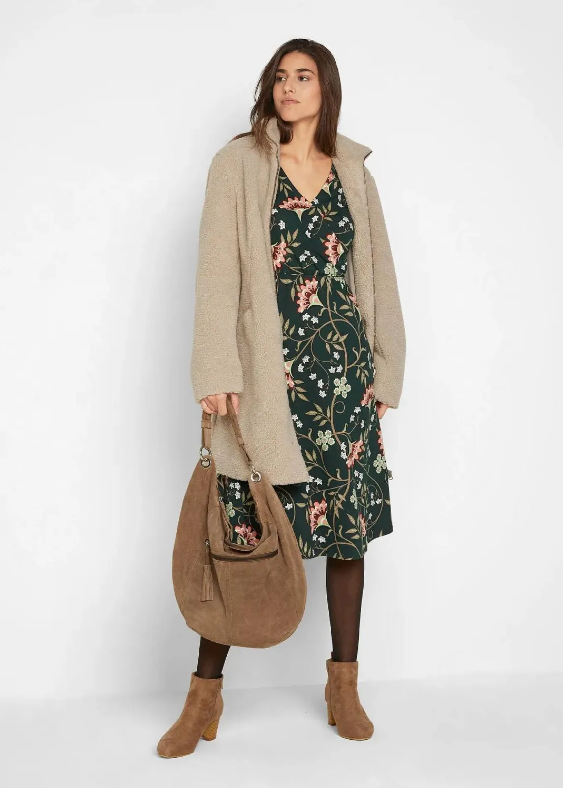bonprix Bekleidung·Pullover & Strickjacken|Kleider^Baumwoll-Jerseykleid in Wickeloptik tiefgrün geblümt