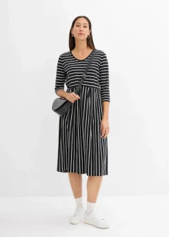 bonprix Bekleidung·Pullover & Strickjacken|Kleider^Baumwoll-Jerseykleid, Midilänge schwarz/wollweiß gestreift